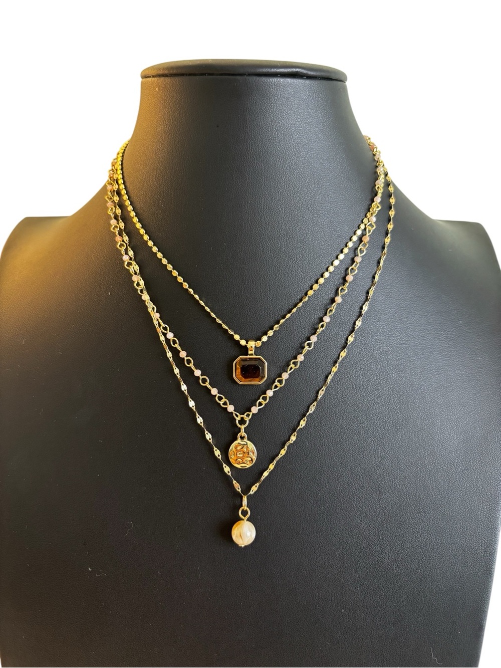 3 Tier Gold Tone Chain Necklace Set w/ Tigers Eye, Flat Disc & Drop Bead.